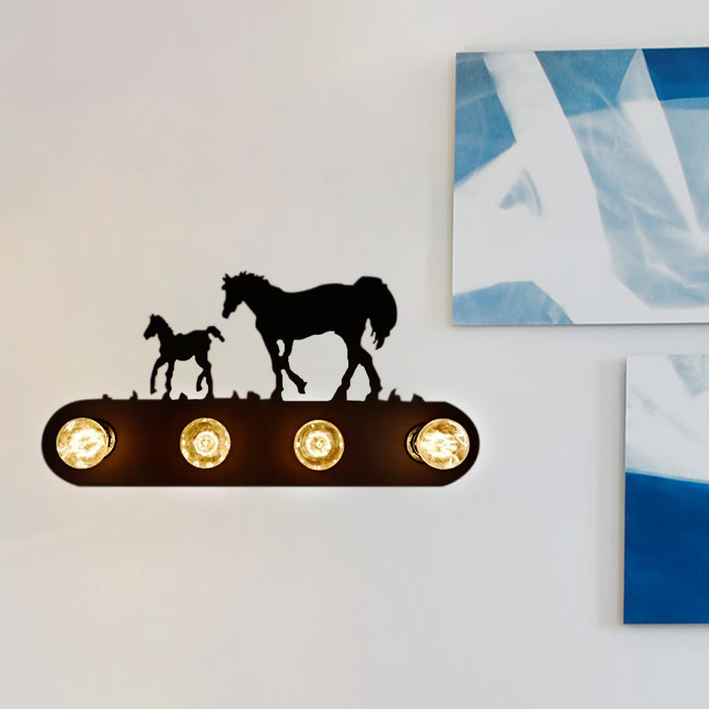 Black Conveyor Belt Wall Light with Horse 4 Lights Antique Metal Sconce Light for Restaurant Clearhalo 'Wall Lamps & Sconces' 'Wall Lights' Lighting' 559178