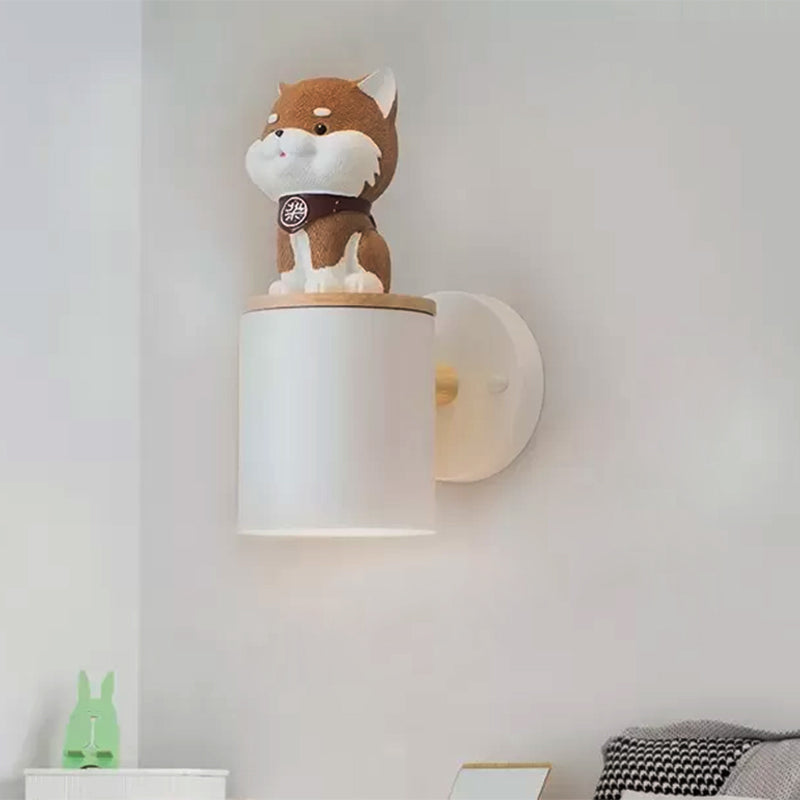 Metal Cylindrical Wall Light with Doggy Child Bedroom 1 Light Modern Sconce Light in White Clearhalo 'Wall Lamps & Sconces' 'Wall Lights' Lighting' 559179