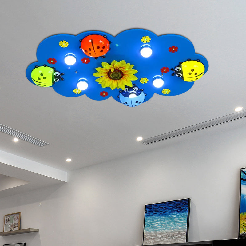 Kids Cloud Flush Mount Light with Ladybug and Sunflower Wood Ceiling Light in Blue for Kindergarten Clearhalo 'Ceiling Lights' 'Close To Ceiling Lights' 'Close to ceiling' 'Flush mount' Lighting' 559247