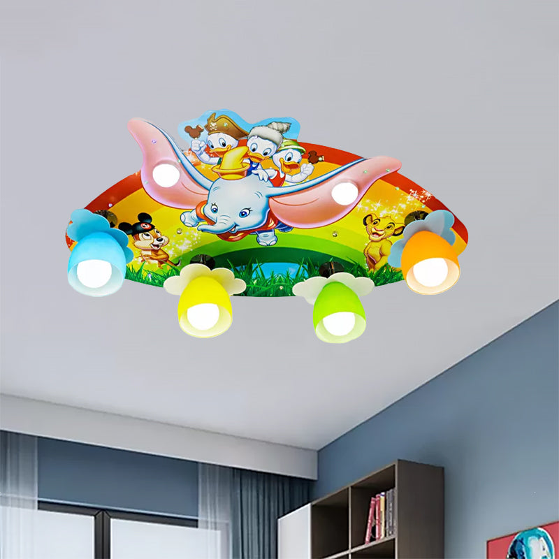 Cartoon Rainbow Ceiling Mount Light with Big Ear Elephant Wood Multi-Color Ceiling Light for Kid Bedroom Clearhalo 'Ceiling Lights' 'Close To Ceiling Lights' 'Close to ceiling' 'Flush mount' Lighting' 559248