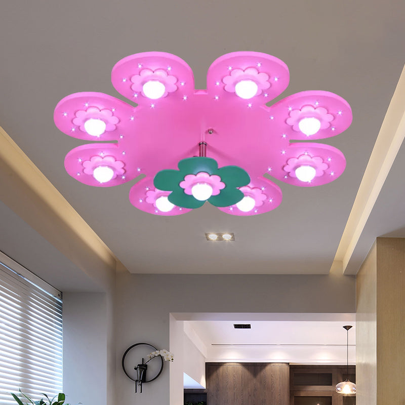 9 Lights Flower Flush Ceiling Light Kids Wood Ceiling Lamp for Nursing Room Girl Bedroom Clearhalo 'Ceiling Lights' 'Close To Ceiling Lights' 'Close to ceiling' 'Flush mount' Lighting' 559252