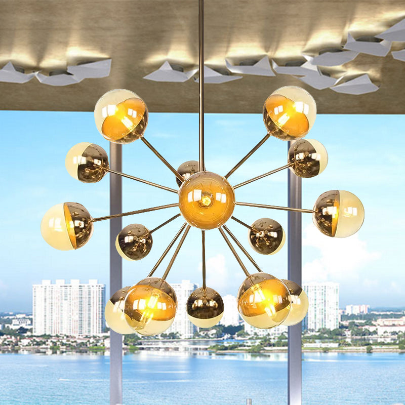 Globe Dining Room Semi Flush Mount White/Clear/Smoke Grey Glass 9/12/15 Lights Contemporary Semi Flush Light in Copper/Chrome/Gold 15 Gold Amber Clearhalo 'Ceiling Lights' 'Close To Ceiling Lights' 'Close to ceiling' 'Glass shade' 'Glass' 'Semi-flushmount' Lighting' 559350