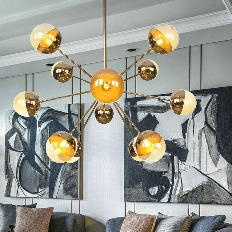 Globe Dining Room Semi Flush Mount White/Clear/Smoke Grey Glass 9/12/15 Lights Contemporary Semi Flush Light in Copper/Chrome/Gold 12 Gold Amber Clearhalo 'Ceiling Lights' 'Close To Ceiling Lights' 'Close to ceiling' 'Glass shade' 'Glass' 'Semi-flushmount' Lighting' 559352