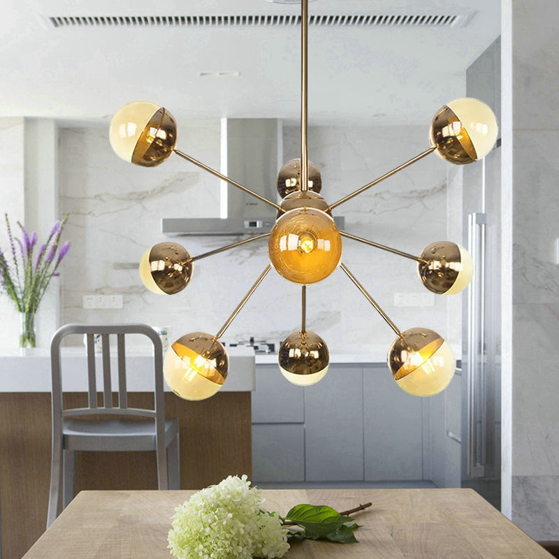 Globe Dining Room Semi Flush Mount White/Clear/Smoke Grey Glass 9/12/15 Lights Contemporary Semi Flush Light in Copper/Chrome/Gold 9 Gold Amber Clearhalo 'Ceiling Lights' 'Close To Ceiling Lights' 'Close to ceiling' 'Glass shade' 'Glass' 'Semi-flushmount' Lighting' 559354