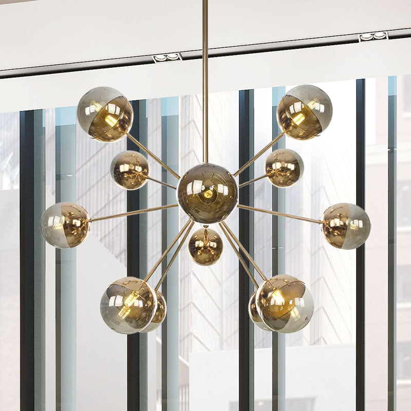 Globe Dining Room Semi Flush Mount White/Clear/Smoke Grey Glass 9/12/15 Lights Contemporary Semi Flush Light in Copper/Chrome/Gold 12 Gold Smoke Grey Clearhalo 'Ceiling Lights' 'Close To Ceiling Lights' 'Close to ceiling' 'Glass shade' 'Glass' 'Semi-flushmount' Lighting' 559372