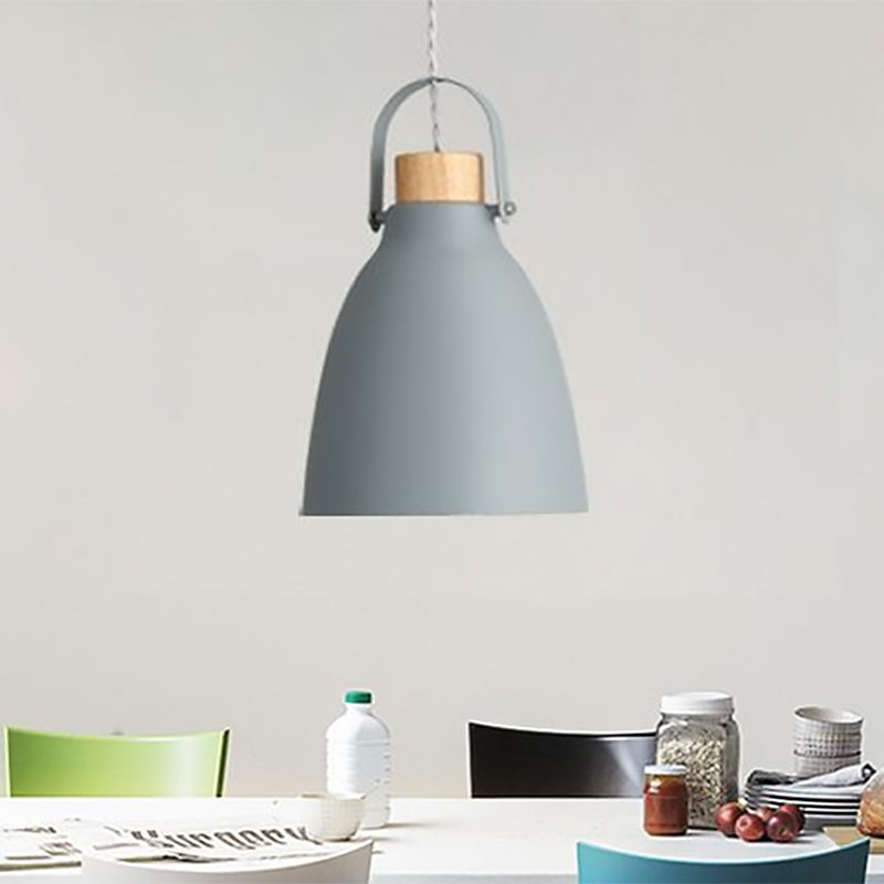 Flared Metal Down Lighting Contemporary 1 Head Grey Hanging Light Fixture with Wood Cap Clearhalo 'Ceiling Lights' 'Modern Pendants' 'Modern' 'Pendant Lights' 'Pendants' Lighting' 559420