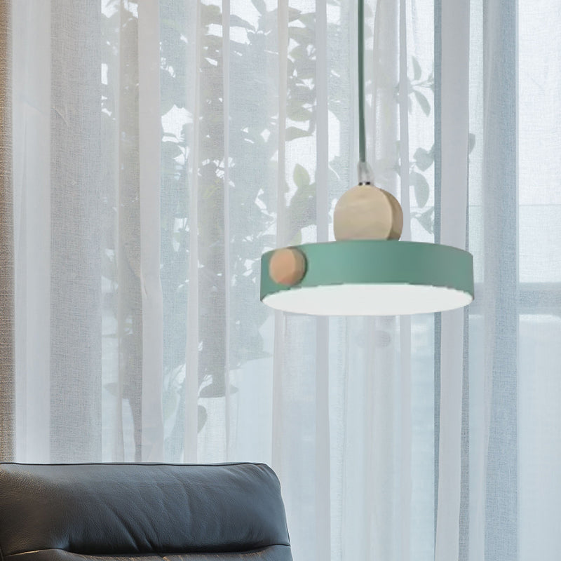 Metal Drum Pendant Ceiling Light Minimalist 1 Light Hanging Lamp Kit in Green for Dining Room Clearhalo 'Ceiling Lights' 'Modern Pendants' 'Modern' 'Pendant Lights' 'Pendants' Lighting' 559423