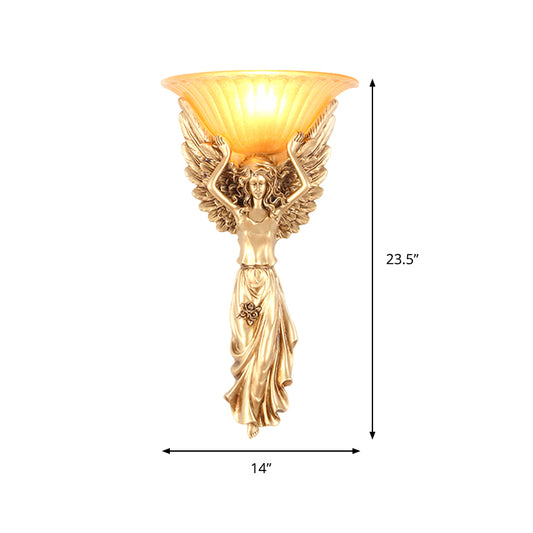 Upward Wall Sconce Frosted Glass Vintage Style Gold Resin Flared Wall Mounted Sconce with Angel Design Clearhalo 'Wall Lamps & Sconces' 'Wall Lights' Lighting' 559474