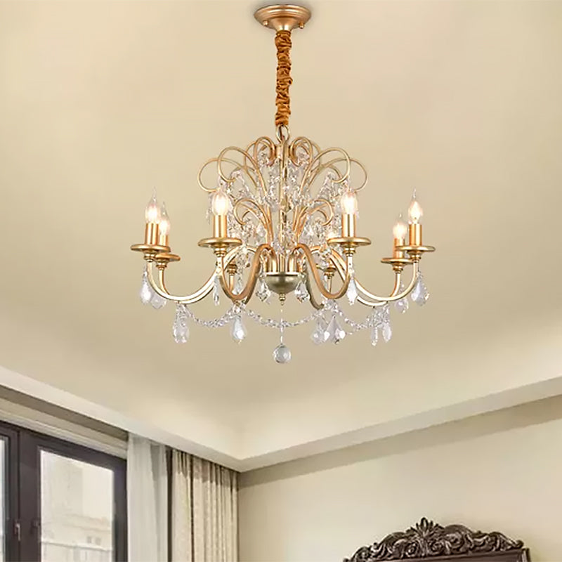 Flameless Candle Metal Pendant Chandelier Light Vintage Gold 3/6-Heads Hanging Lamp with Crystal Decoration Clearhalo 'Ceiling Lights' 'Chandeliers' 'Modern Chandeliers' 'Modern' Lighting' 559477