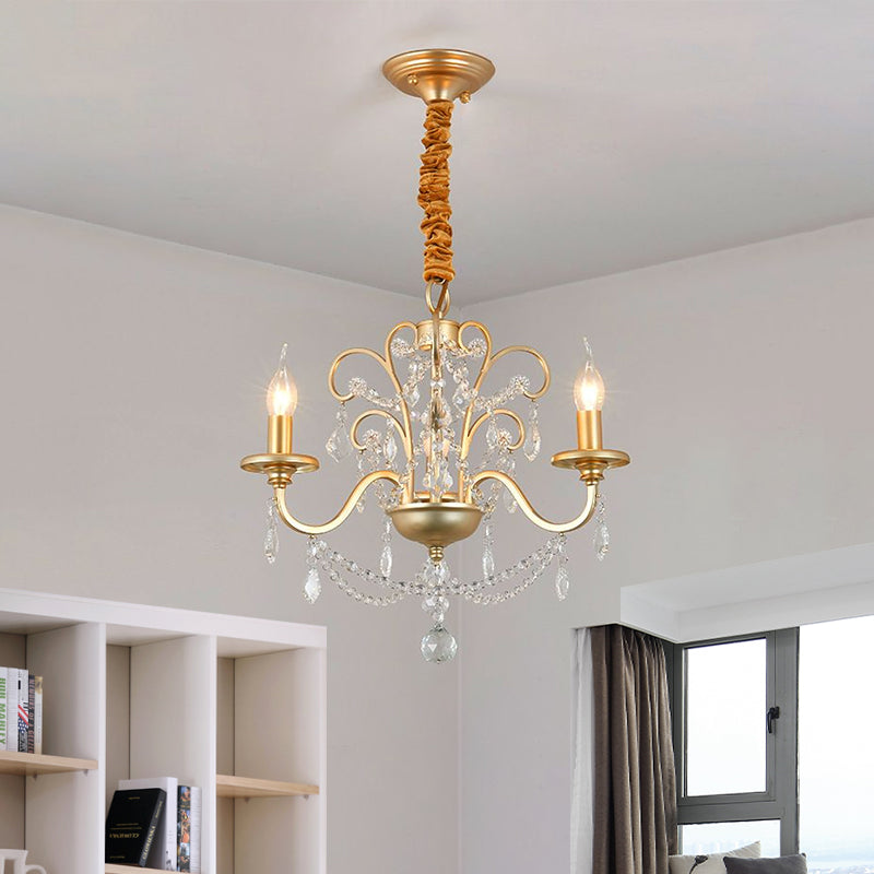 Flameless Candle Metal Pendant Chandelier Light Vintage Gold 3/6-Heads Hanging Lamp with Crystal Decoration Clearhalo 'Ceiling Lights' 'Chandeliers' 'Modern Chandeliers' 'Modern' Lighting' 559478