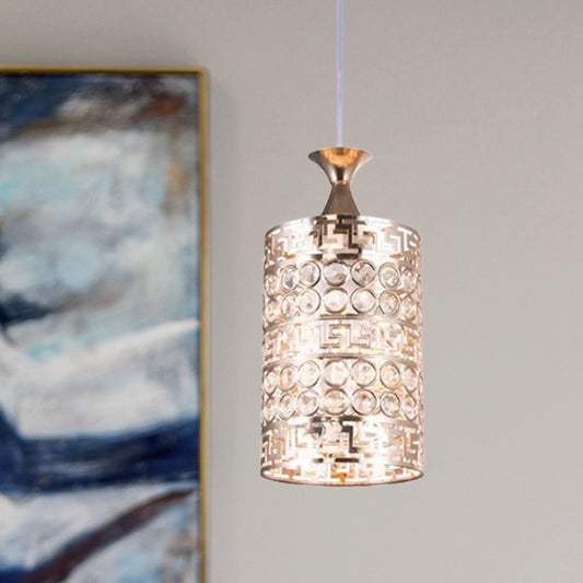 Metal Cylinder Hanging Lighting with Crystal Accent Vintage 6"/7" Dia 1 Light Hanging Ceiling Light in Gold Clearhalo 'Ceiling Lights' 'Modern Pendants' 'Modern' 'Pendant Lights' 'Pendants' Lighting' 559482
