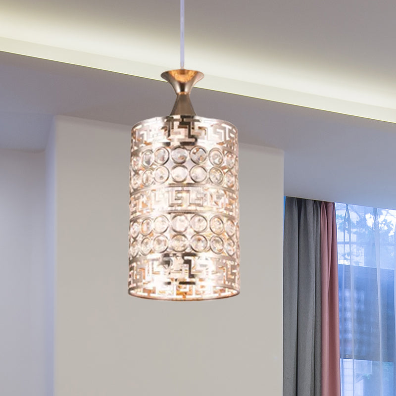 Metal Cylinder Hanging Lighting with Crystal Accent Vintage 6"/7" Dia 1 Light Hanging Ceiling Light in Gold Clearhalo 'Ceiling Lights' 'Modern Pendants' 'Modern' 'Pendant Lights' 'Pendants' Lighting' 559483