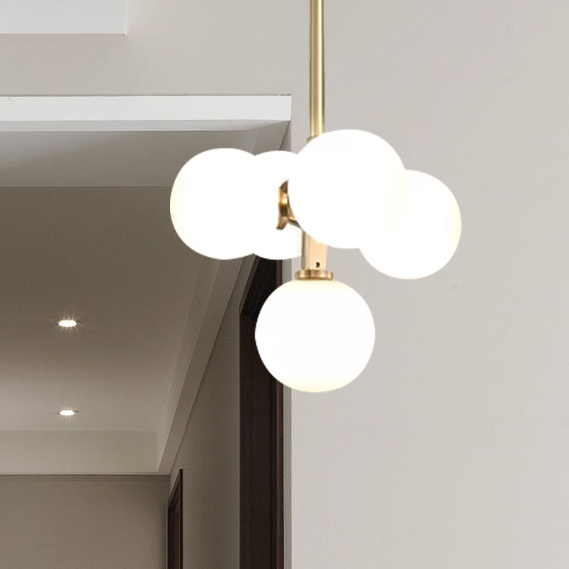 Brass Round Hanging Chandelier Modern 5 Heads White Frosted Galss LED Ceiling Pendant Light Clearhalo 'Ceiling Lights' 'Chandeliers' 'Glass shade' 'Glass' 'Modern Chandeliers' 'Modern' 'Pendant Lights' Lighting' 559517