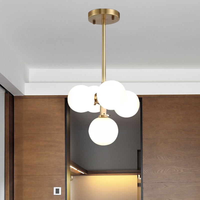 Brass Round Hanging Chandelier Modern 5 Heads White Frosted Galss LED Ceiling Pendant Light Clearhalo 'Ceiling Lights' 'Chandeliers' 'Glass shade' 'Glass' 'Modern Chandeliers' 'Modern' 'Pendant Lights' Lighting' 559518