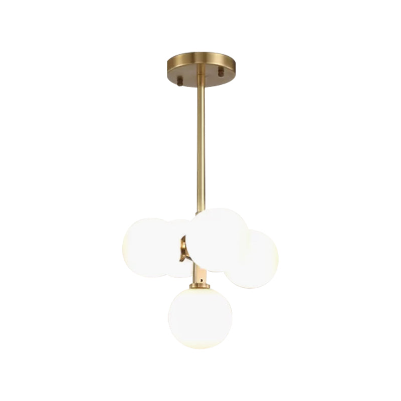 Brass Round Hanging Chandelier Modern 5 Heads White Frosted Galss LED Ceiling Pendant Light Clearhalo 'Ceiling Lights' 'Chandeliers' 'Glass shade' 'Glass' 'Modern Chandeliers' 'Modern' 'Pendant Lights' Lighting' 559519