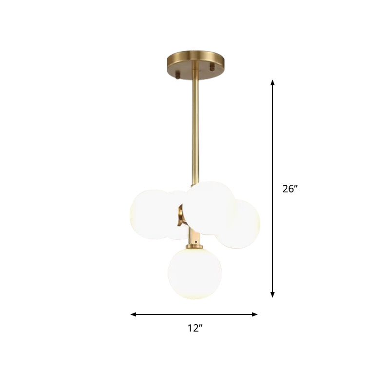 Brass Round Hanging Chandelier Modern 5 Heads White Frosted Galss LED Ceiling Pendant Light Clearhalo 'Ceiling Lights' 'Chandeliers' 'Glass shade' 'Glass' 'Modern Chandeliers' 'Modern' 'Pendant Lights' Lighting' 559520