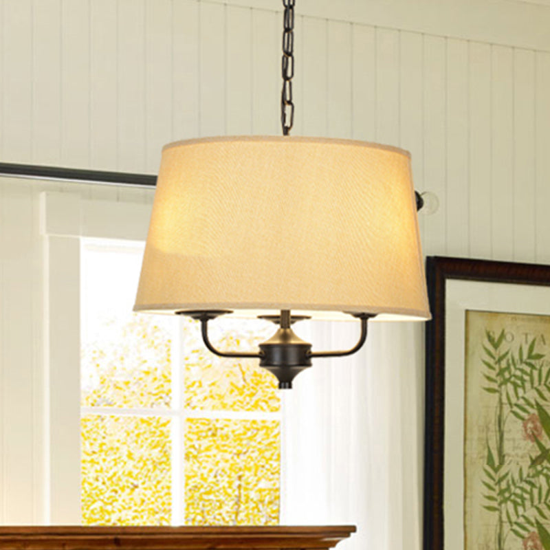 Fabric Drum Shade Hanging Chandelier Traditional 3 Lights Bedroom Pendant Light in Flaxen/White Flaxen Clearhalo 'Ceiling Lights' 'Chandeliers' Lighting' options 559582_431f7498-3ab8-4540-b66d-b15e23420566