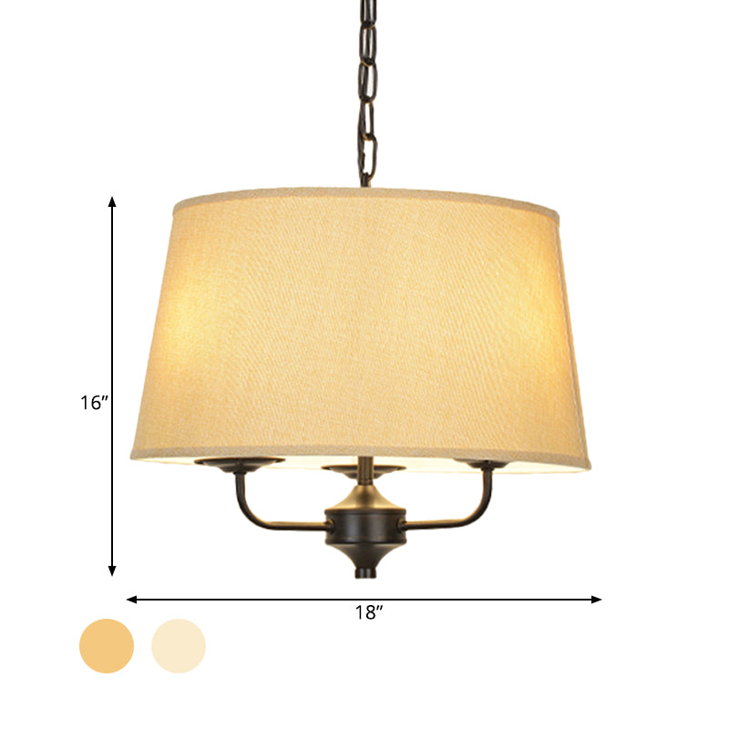 Fabric Drum Shade Hanging Chandelier Traditional 3 Lights Bedroom Pendant Light in Flaxen/White Clearhalo 'Ceiling Lights' 'Chandeliers' Lighting' options 559586