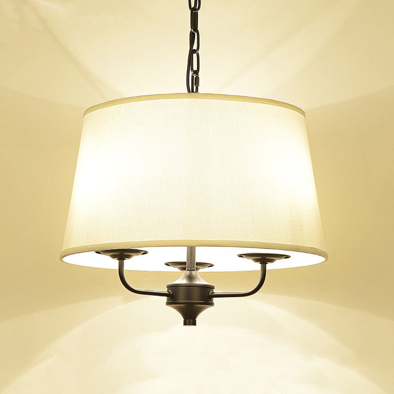 Fabric Drum Shade Hanging Chandelier Traditional 3 Lights Bedroom Pendant Light in Flaxen/White Clearhalo 'Ceiling Lights' 'Chandeliers' Lighting' options 559590