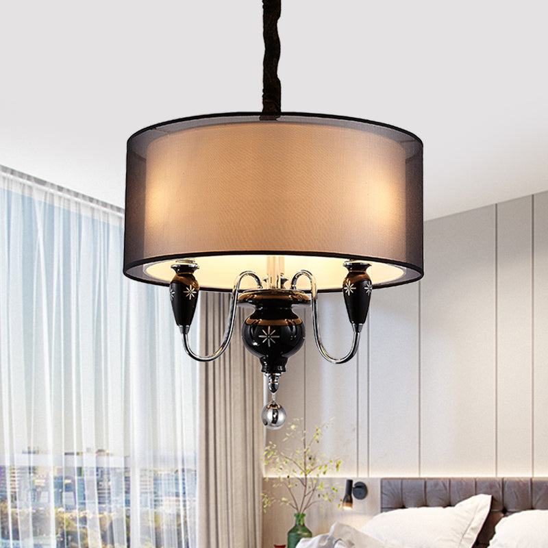 3-Light Fabric Hanging Chandelier Classic Black Drum Dining Room Pendant Light Fixture Clearhalo 'Ceiling Lights' 'Chandeliers' Lighting' options 559613