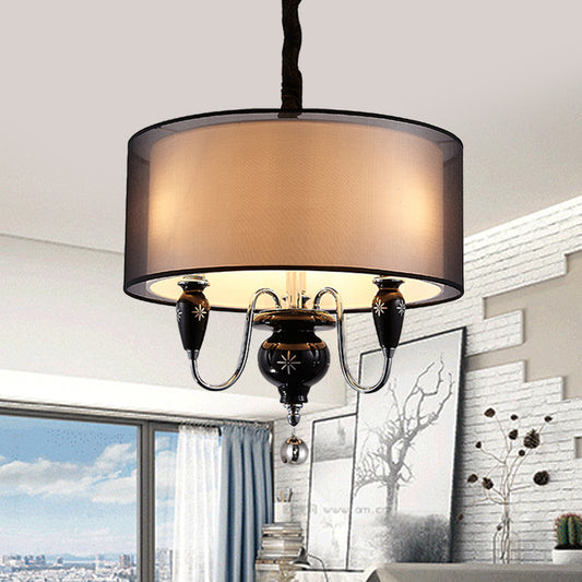 3-Light Fabric Hanging Chandelier Classic Black Drum Dining Room Pendant Light Fixture Clearhalo 'Ceiling Lights' 'Chandeliers' Lighting' options 559614