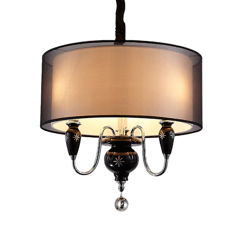 3-Light Fabric Hanging Chandelier Classic Black Drum Dining Room Pendant Light Fixture Clearhalo 'Ceiling Lights' 'Chandeliers' Lighting' options 559615