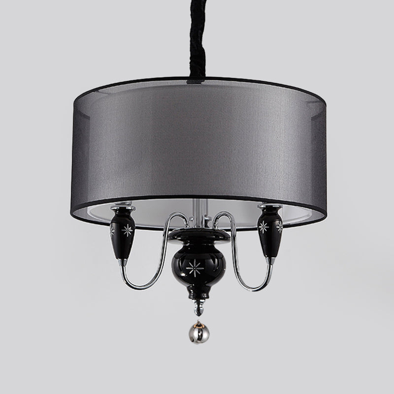 3-Light Fabric Hanging Chandelier Classic Black Drum Dining Room Pendant Light Fixture Clearhalo 'Ceiling Lights' 'Chandeliers' Lighting' options 559616