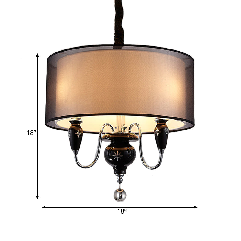3-Light Fabric Hanging Chandelier Classic Black Drum Dining Room Pendant Light Fixture Clearhalo 'Ceiling Lights' 'Chandeliers' Lighting' options 559617