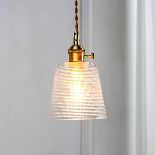 Bell Hanging Light Modernist Clear Lattice Glass 1 Bulb Suspended Lighting Fixture in Gold with Metallic Switch Clearhalo 'Ceiling Lights' 'Glass shade' 'Glass' 'Modern Pendants' 'Modern' 'Pendant Lights' 'Pendants' Lighting' 559663