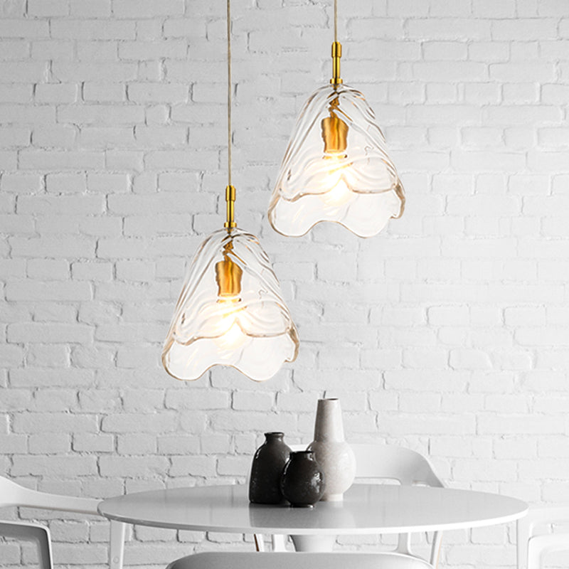 Scalloped Hanging Lighting Modernist Clear/Blue Ripple Glass 1 Bulb Open Kitchen Ceiling Pendant Lamp in Brass Clearhalo 'Ceiling Lights' 'Close To Ceiling Lights' 'Glass shade' 'Glass' 'Modern Pendants' 'Modern' 'Pendant Lights' 'Pendants' Lighting' 559667