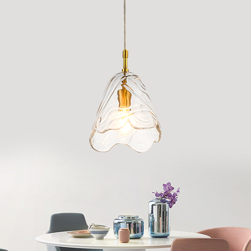 Scalloped Hanging Lighting Modernist Clear/Blue Ripple Glass 1 Bulb Open Kitchen Ceiling Pendant Lamp in Brass Clear Clearhalo 'Ceiling Lights' 'Close To Ceiling Lights' 'Glass shade' 'Glass' 'Modern Pendants' 'Modern' 'Pendant Lights' 'Pendants' Lighting' 559668