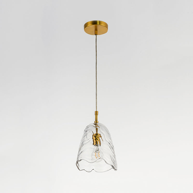 Scalloped Hanging Lighting Modernist Clear/Blue Ripple Glass 1 Bulb Open Kitchen Ceiling Pendant Lamp in Brass Clearhalo 'Ceiling Lights' 'Close To Ceiling Lights' 'Glass shade' 'Glass' 'Modern Pendants' 'Modern' 'Pendant Lights' 'Pendants' Lighting' 559670