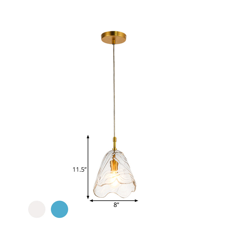 Scalloped Hanging Lighting Modernist Clear/Blue Ripple Glass 1 Bulb Open Kitchen Ceiling Pendant Lamp in Brass Clearhalo 'Ceiling Lights' 'Close To Ceiling Lights' 'Glass shade' 'Glass' 'Modern Pendants' 'Modern' 'Pendant Lights' 'Pendants' Lighting' 559671