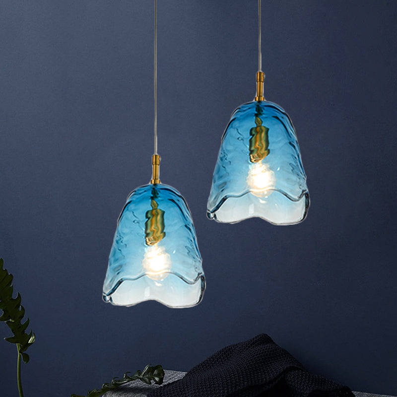 Scalloped Hanging Lighting Modernist Clear/Blue Ripple Glass 1 Bulb Open Kitchen Ceiling Pendant Lamp in Brass Clearhalo 'Ceiling Lights' 'Close To Ceiling Lights' 'Glass shade' 'Glass' 'Modern Pendants' 'Modern' 'Pendant Lights' 'Pendants' Lighting' 559672