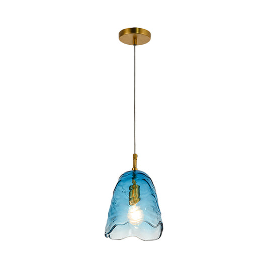 Scalloped Hanging Lighting Modernist Clear/Blue Ripple Glass 1 Bulb Open Kitchen Ceiling Pendant Lamp in Brass Clearhalo 'Ceiling Lights' 'Close To Ceiling Lights' 'Glass shade' 'Glass' 'Modern Pendants' 'Modern' 'Pendant Lights' 'Pendants' Lighting' 559674