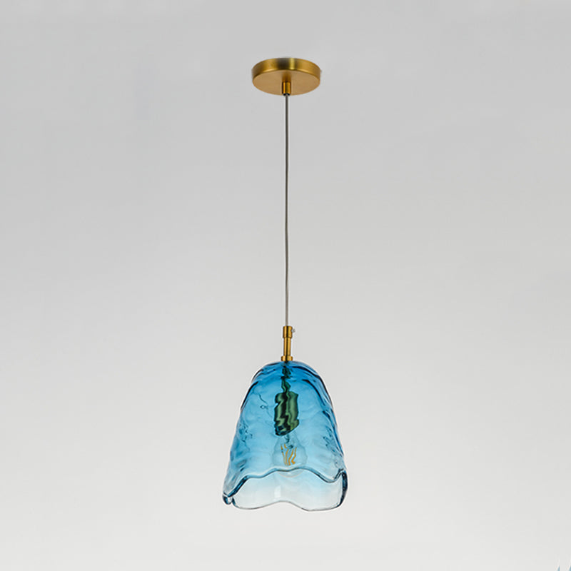 Scalloped Hanging Lighting Modernist Clear/Blue Ripple Glass 1 Bulb Open Kitchen Ceiling Pendant Lamp in Brass Clearhalo 'Ceiling Lights' 'Close To Ceiling Lights' 'Glass shade' 'Glass' 'Modern Pendants' 'Modern' 'Pendant Lights' 'Pendants' Lighting' 559675