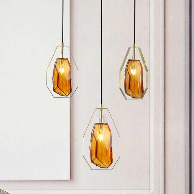 Retro 1 Head Suspended Light Smoke Grey/Cognac Glass Gemstone Pendant Lighting with Brass Frame over Table Clearhalo 'Ceiling Lights' 'Glass shade' 'Glass' 'Modern Pendants' 'Modern' 'Pendant Lights' 'Pendants' Lighting' 559692