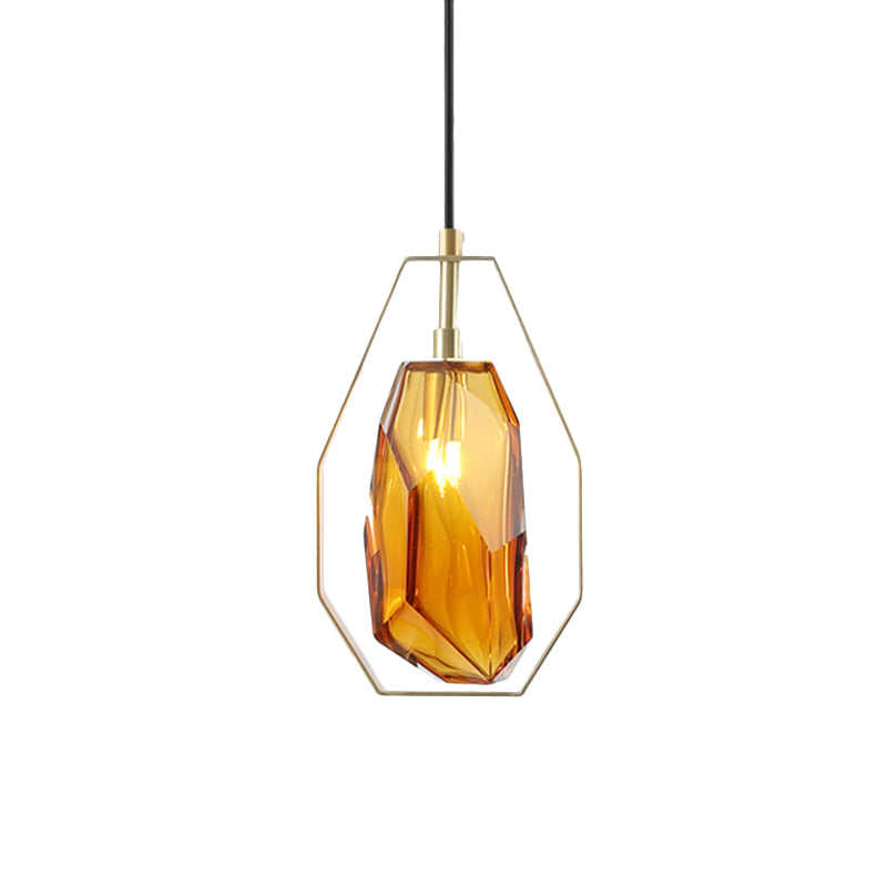 Retro 1 Head Suspended Light Smoke Grey/Cognac Glass Gemstone Pendant Lighting with Brass Frame over Table Clearhalo 'Ceiling Lights' 'Glass shade' 'Glass' 'Modern Pendants' 'Modern' 'Pendant Lights' 'Pendants' Lighting' 559693