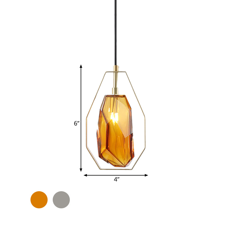 Retro 1 Head Suspended Light Smoke Grey/Cognac Glass Gemstone Pendant Lighting with Brass Frame over Table Clearhalo 'Ceiling Lights' 'Glass shade' 'Glass' 'Modern Pendants' 'Modern' 'Pendant Lights' 'Pendants' Lighting' 559694