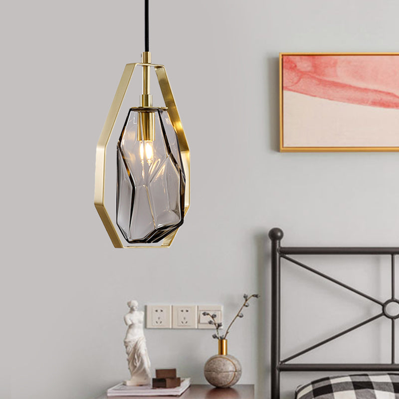 Retro 1 Head Suspended Light Smoke Grey/Cognac Glass Gemstone Pendant Lighting with Brass Frame over Table Clearhalo 'Ceiling Lights' 'Glass shade' 'Glass' 'Modern Pendants' 'Modern' 'Pendant Lights' 'Pendants' Lighting' 559695