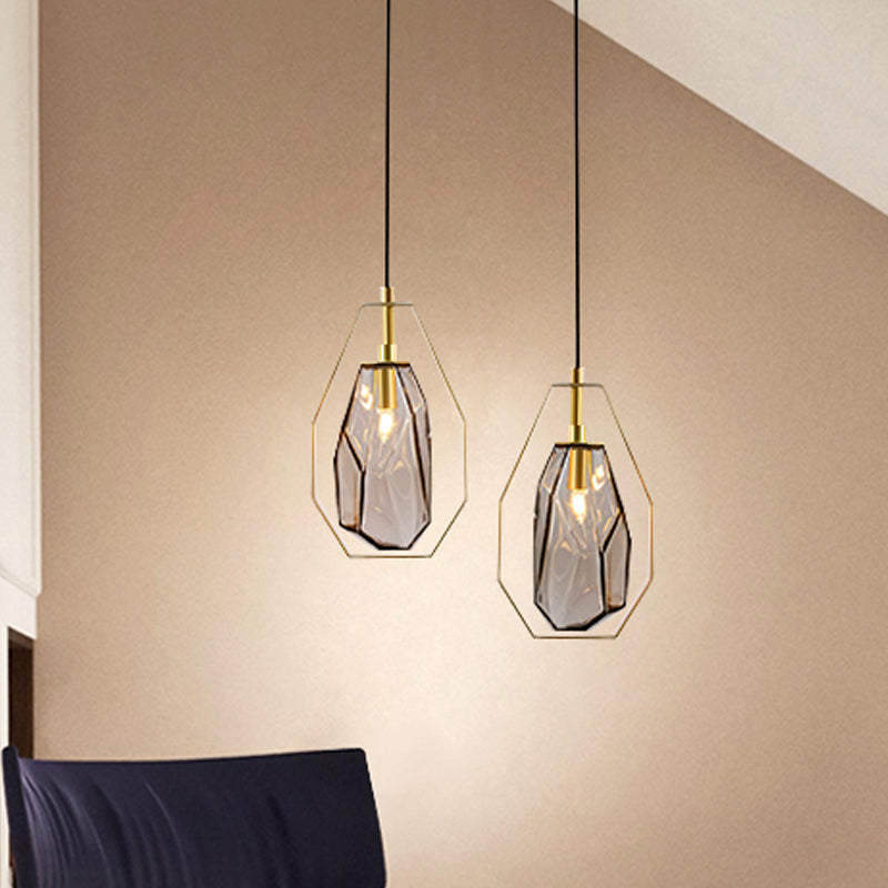 Retro 1 Head Suspended Light Smoke Grey/Cognac Glass Gemstone Pendant Lighting with Brass Frame over Table Smoke Gray Clearhalo 'Ceiling Lights' 'Glass shade' 'Glass' 'Modern Pendants' 'Modern' 'Pendant Lights' 'Pendants' Lighting' 559696