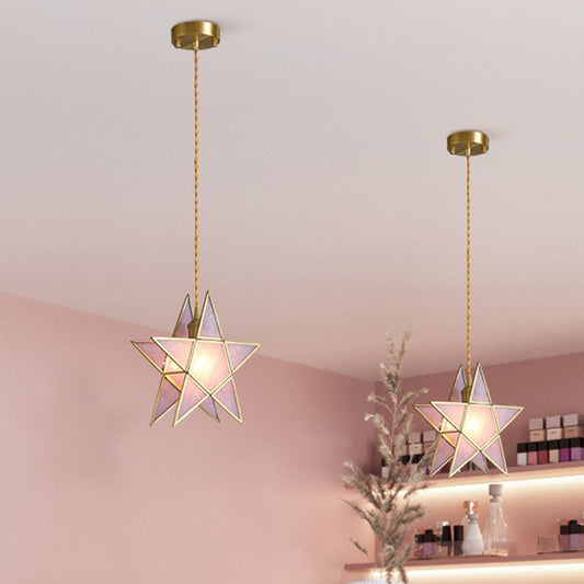 Pink Water Glass Pentacle Pendant Lamp Nordic Style 1-Light Brass Finish Ceiling Lighting Fixture Pink Clearhalo 'Ceiling Lights' 'Glass shade' 'Glass' 'Modern Pendants' 'Modern' 'Pendant Lights' 'Pendants' Lighting' 559699