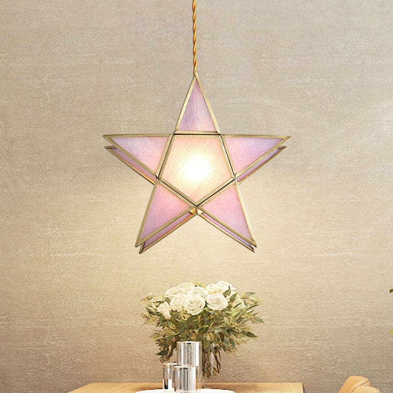 Pink Water Glass Pentacle Pendant Lamp Nordic Style 1-Light Brass Finish Ceiling Lighting Fixture Clearhalo 'Ceiling Lights' 'Glass shade' 'Glass' 'Modern Pendants' 'Modern' 'Pendant Lights' 'Pendants' Lighting' 559700