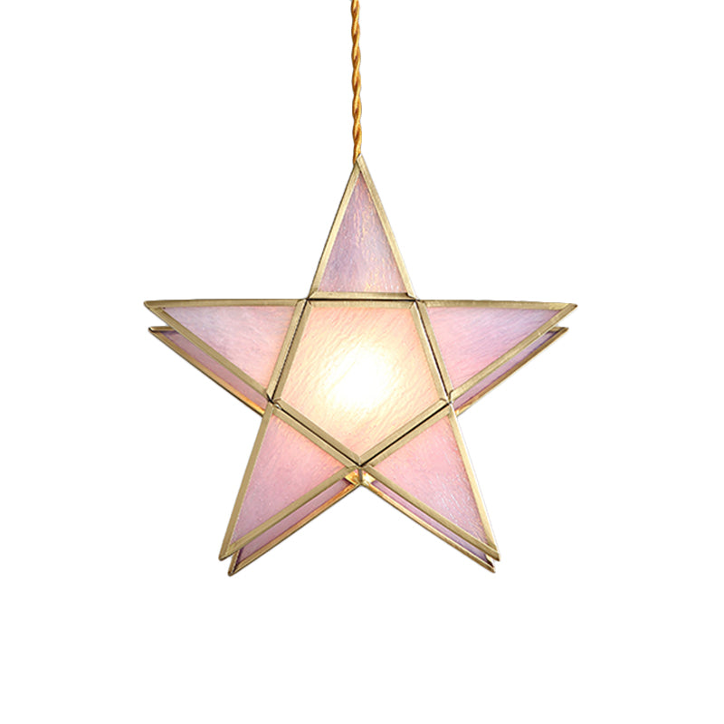 Pink Water Glass Pentacle Pendant Lamp Nordic Style 1-Light Brass Finish Ceiling Lighting Fixture Clearhalo 'Ceiling Lights' 'Glass shade' 'Glass' 'Modern Pendants' 'Modern' 'Pendant Lights' 'Pendants' Lighting' 559701