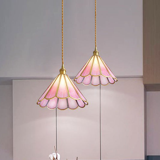 Single Dining Room Pendant Lighting Modern Romantic Brass Cord Hanging Lamp Kit with Floral Rippled Glass Shade Pink Clearhalo 'Ceiling Lights' 'Glass shade' 'Glass' 'Modern Pendants' 'Modern' 'Pendant Lights' 'Pendants' Lighting' 559709