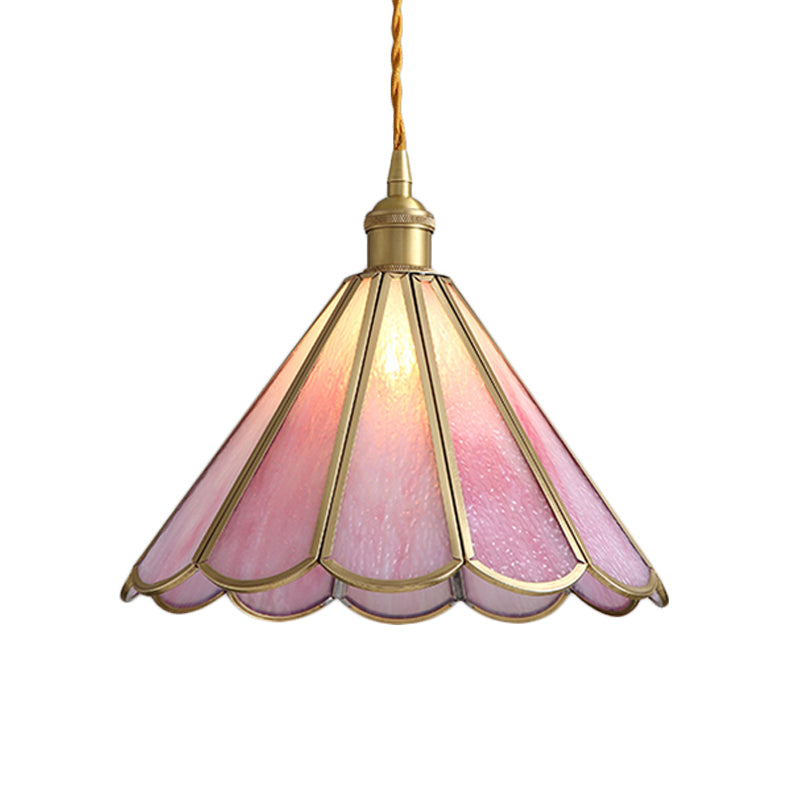 Single Dining Room Pendant Lighting Modern Romantic Brass Cord Hanging Lamp Kit with Floral Rippled Glass Shade Clearhalo 'Ceiling Lights' 'Glass shade' 'Glass' 'Modern Pendants' 'Modern' 'Pendant Lights' 'Pendants' Lighting' 559712