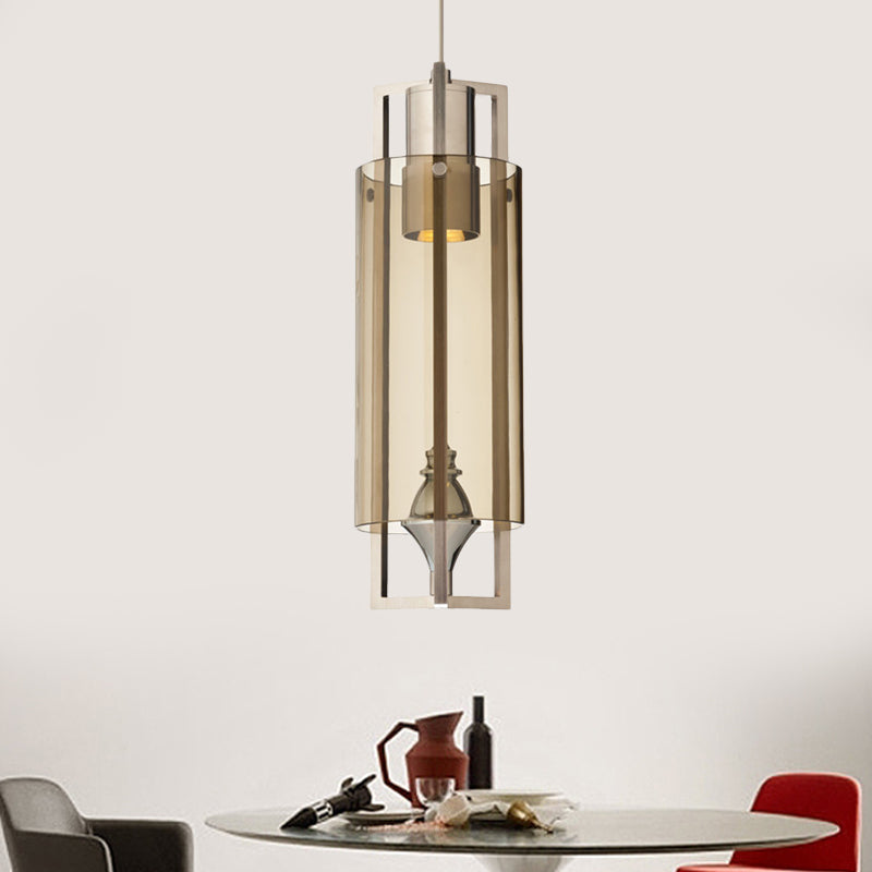 Column Dining Table Suspension Light Grey/Clear/Tan Glass 1-Light Modern Style Ceiling Fixture with Nickel Rectangle Frame Clearhalo 'Ceiling Lights' 'Glass shade' 'Glass' 'Modern Pendants' 'Modern' 'Pendant Lights' 'Pendants' Lighting' 559768