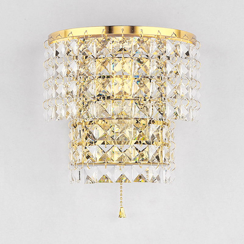 Double Layered Wall Sconce Light Vintage Style Clear Crystal 1 Light Chrome/Gold Wall Mount Lamp with Square Shape, 7"/10" W Clearhalo 'Modern wall lights' 'Modern' 'Wall Lamps & Sconces' 'Wall Lights' Lighting' 559809