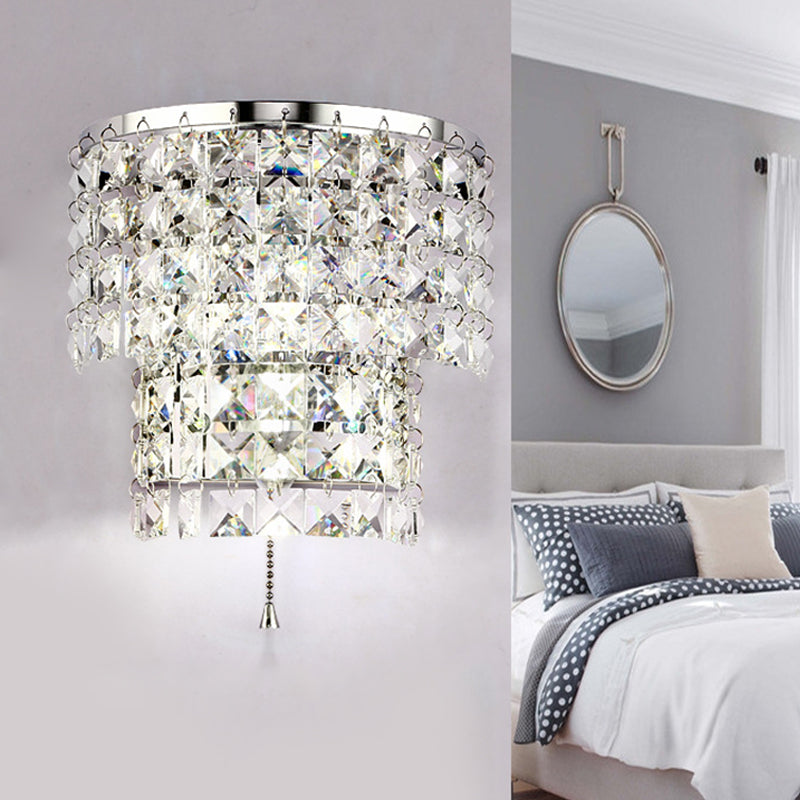 Double Layered Wall Sconce Light Vintage Style Clear Crystal 1 Light Chrome/Gold Wall Mount Lamp with Square Shape, 7"/10" W Clearhalo 'Modern wall lights' 'Modern' 'Wall Lamps & Sconces' 'Wall Lights' Lighting' 559812