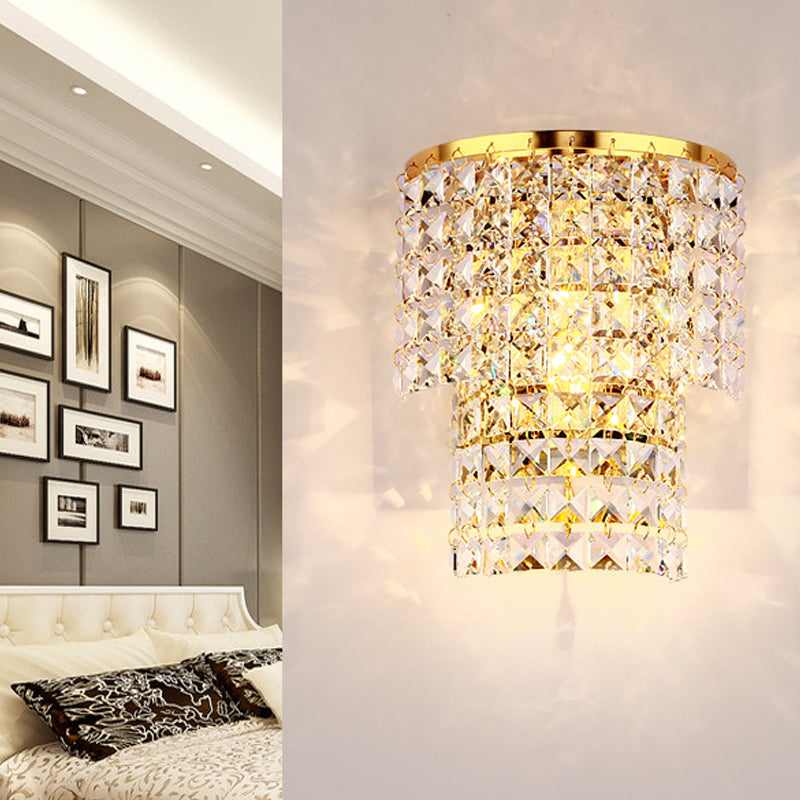 Double Layered Wall Sconce Light Vintage Style Clear Crystal 1 Light Chrome/Gold Wall Mount Lamp with Square Shape, 7"/10" W Gold 10" Clearhalo 'Modern wall lights' 'Modern' 'Wall Lamps & Sconces' 'Wall Lights' Lighting' 559815